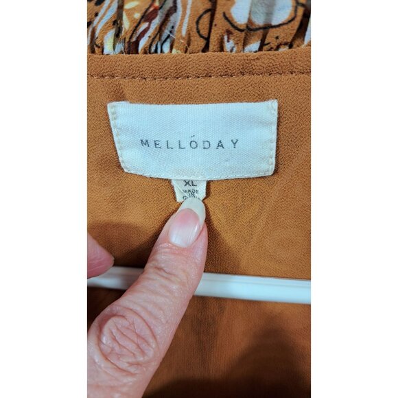 Melloday Blouse Women XL Smocked Paisley Peasant Elastic Sleeves Mustard & Ivory - Picture 3 of 14